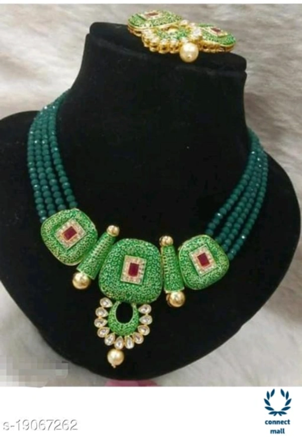 Blue Fancy Women Necklaces Set With Earrings For Marriage , Party - Adjustable, green, Brass